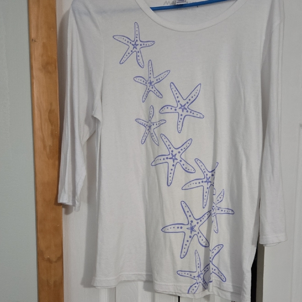 Elegant White and Purple Starfish 3/4 Sleeve Tee
